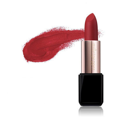 Matte lipstick by Spacewallart in a sleek tube, displayed with the cap off showing the rich, vibrant lipstick color.