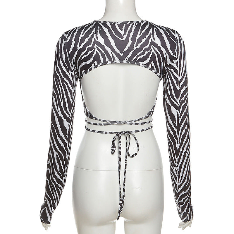 Striped print lace-up short top from Spacewallart, stylish casual apparel with vibrant stripes and adjustable lacing.