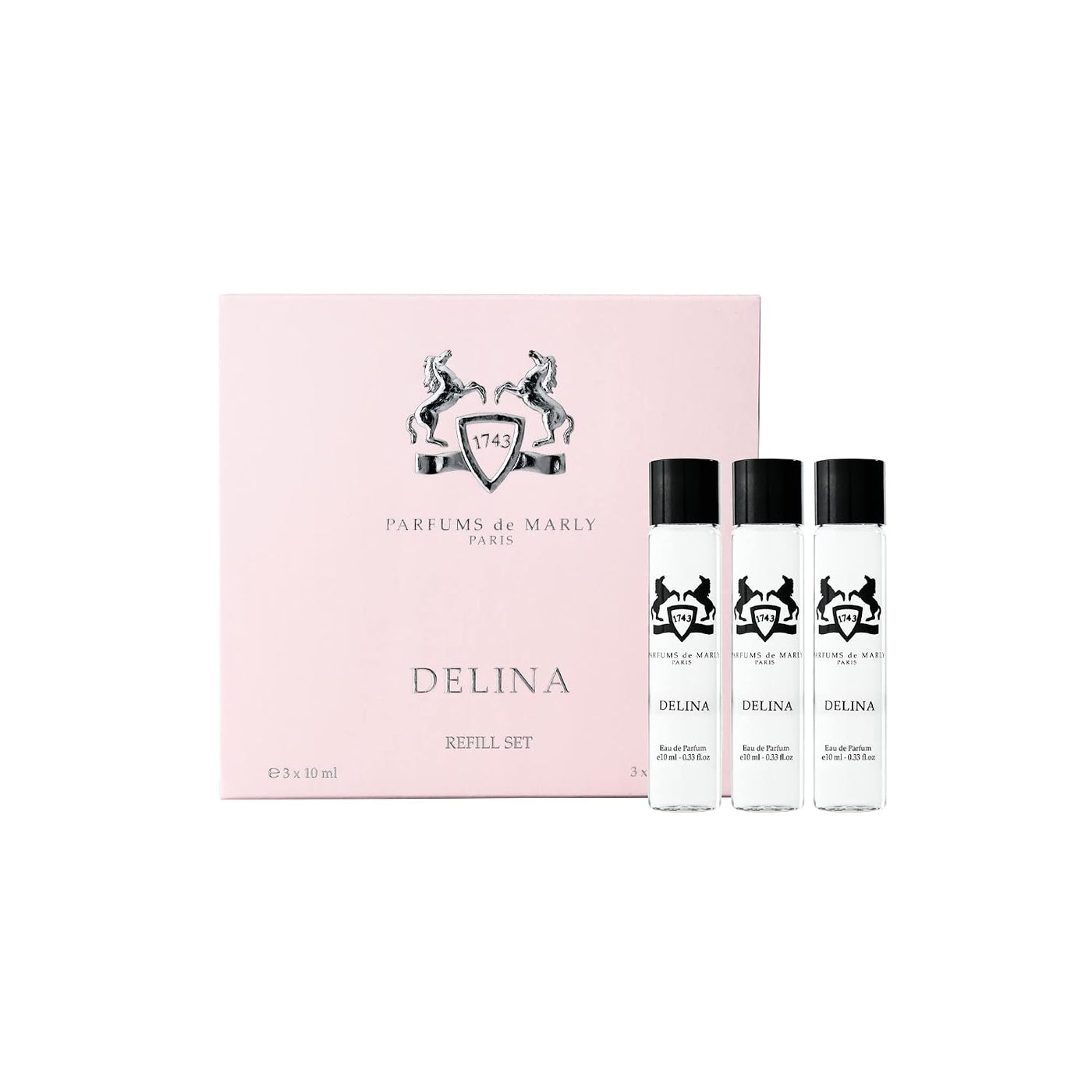 Parfums de Marly Delina floral parfum for women, featuring rose notes in a 75ml bottle, displayed with a decorative background