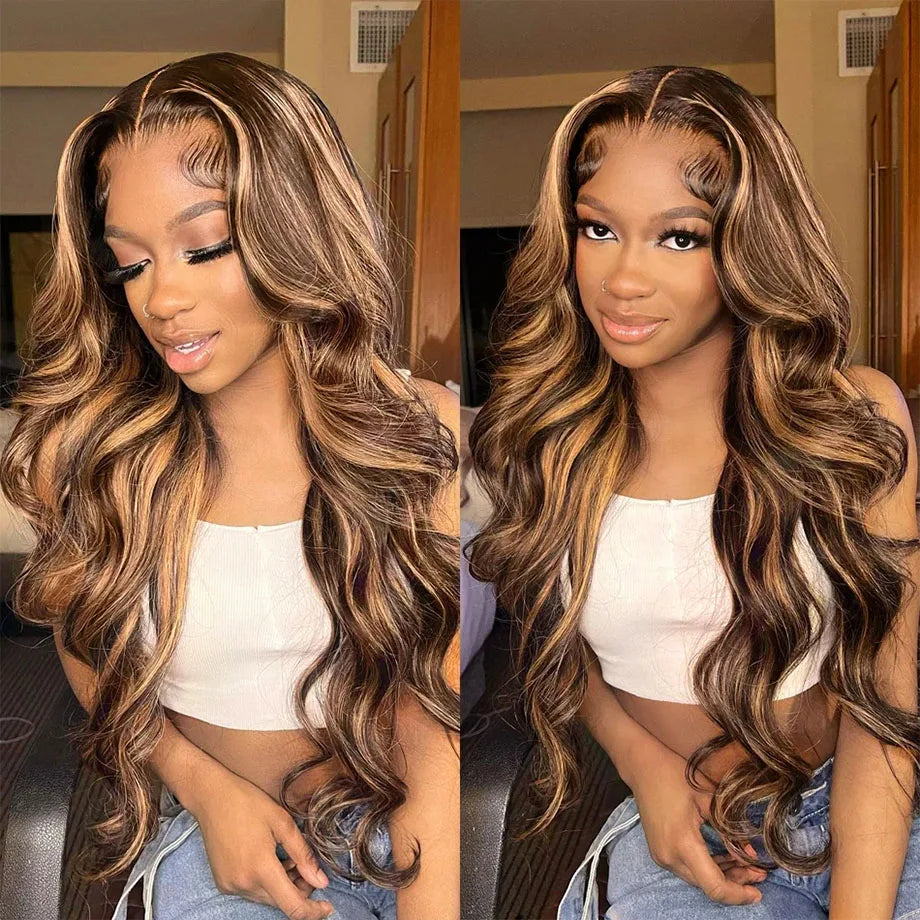 Body Wave Highlight Human Hair Wig by Spacewallart featuring natural waves and blonde highlights for a stylish look.