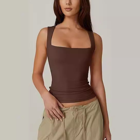 Spacewallart summer square-neck tank top, sleeveless solid color apparel displayed on a hanger.