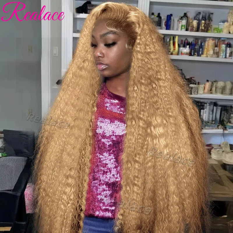 Honey blonde lace front human hair wig by Spacewallart, showcasing smooth, natural-looking hair with a lace front design.