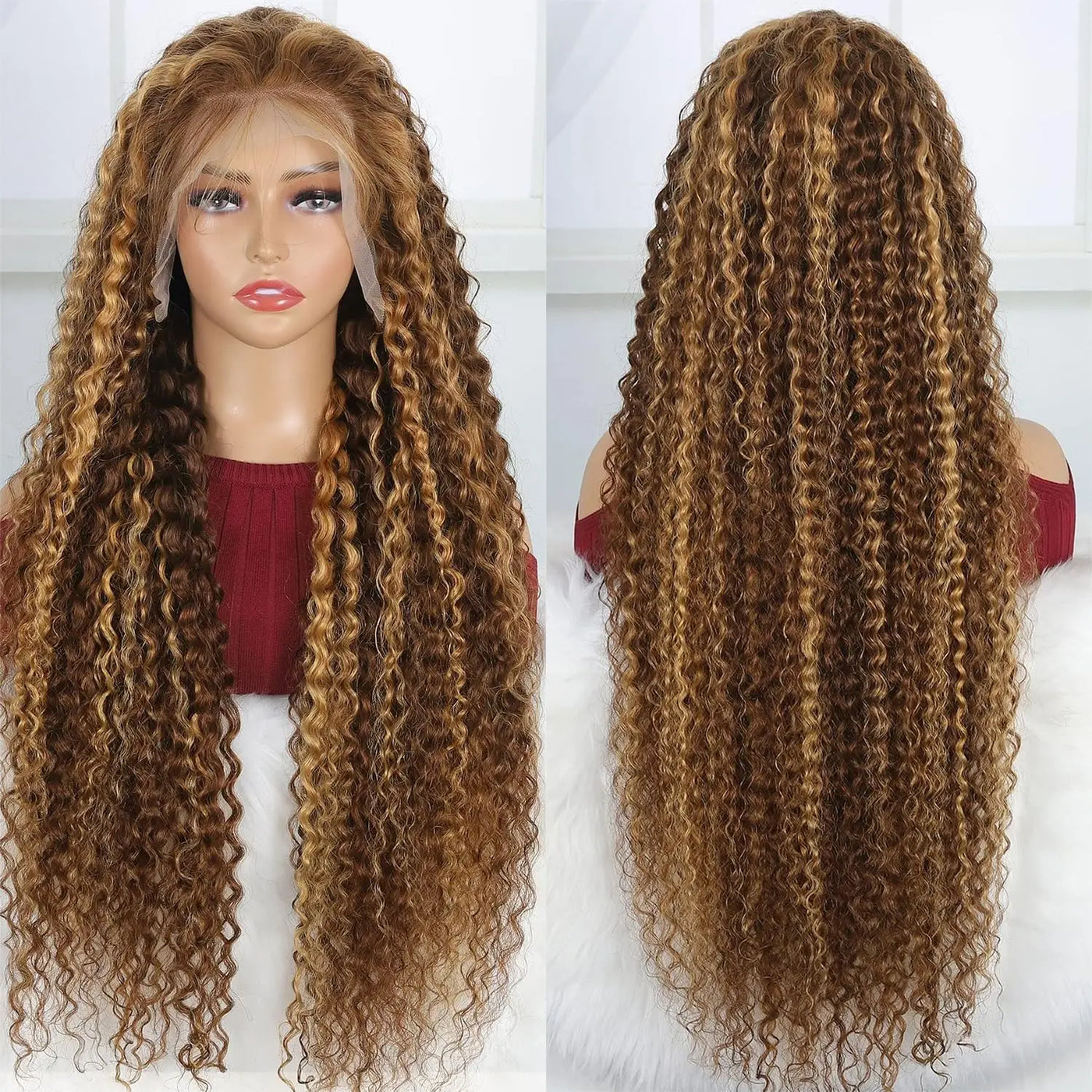 Highlight Human Hair Colored Curly Wigs by Spacewallart featuring vibrant, curly hair with highlighted color accents.