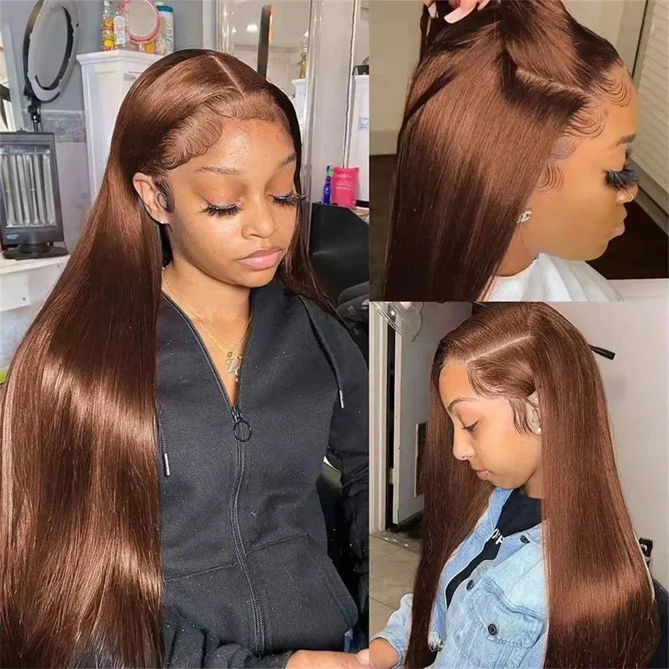 Chocolate brown human hair wig with bone straight style by Spacewallart, showcasing smooth, sleek hair texture and natural shine.