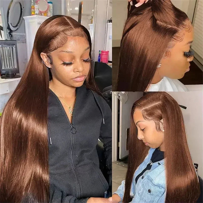 Chocolate brown human hair wig with bone straight style by Spacewallart, showcasing smooth, sleek hair texture and natural shine.