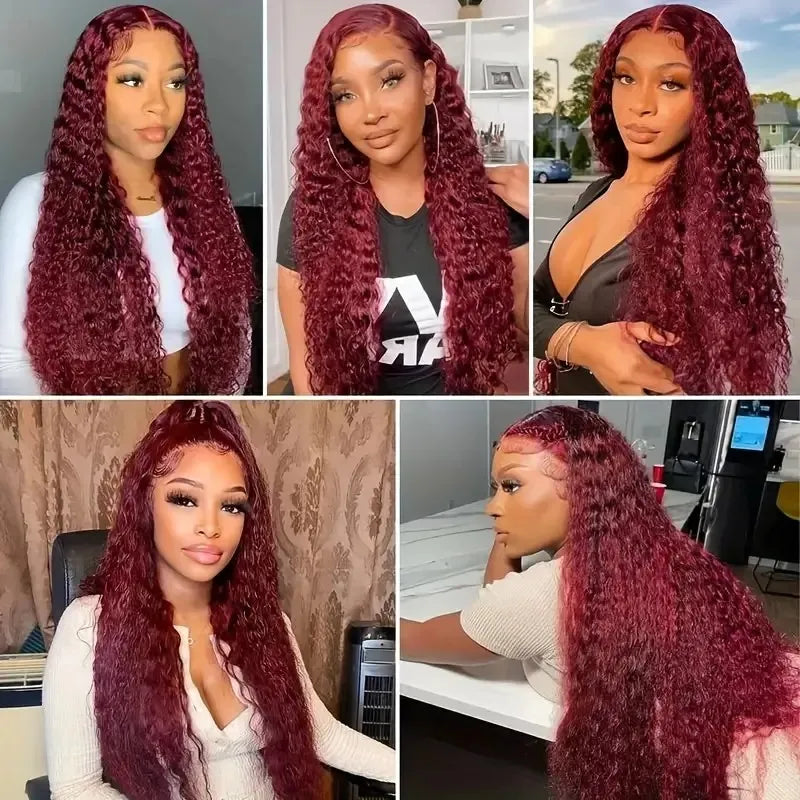 Red Burgundy Deep Wave Wig by Spacewallart, showcasing thick, wavy hair with vibrant color and natural shine.