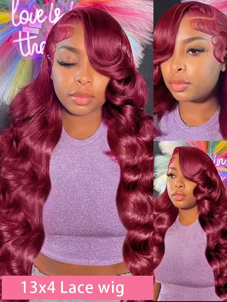 Body Wave Burgundy Human Hair Wig by Spacewallart featuring long, wavy hair with a rich burgundy color and natural-looking texture.