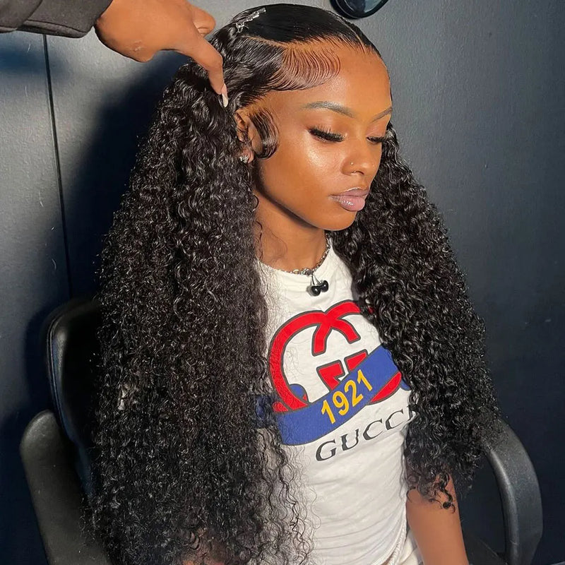 Pre-plucked deep wave curly wig by Spacewallart featuring natural-looking hair with defined deep wave curls.