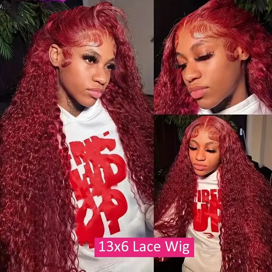 Burgundy curly frontal wig by Spacewallart showcasing lush, curly hair with a natural frontal design in rich burgundy color.