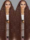 Chocolate brown deep wave human hair wig from Spacewallart, showcasing the full, wavy hairstyle on a mannequin head.