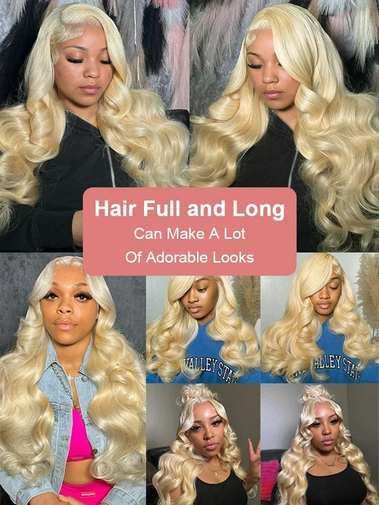 Honey blonde body wave curly wig by Spacewallart, showcasing long, voluminous hair with soft waves and natural curls.