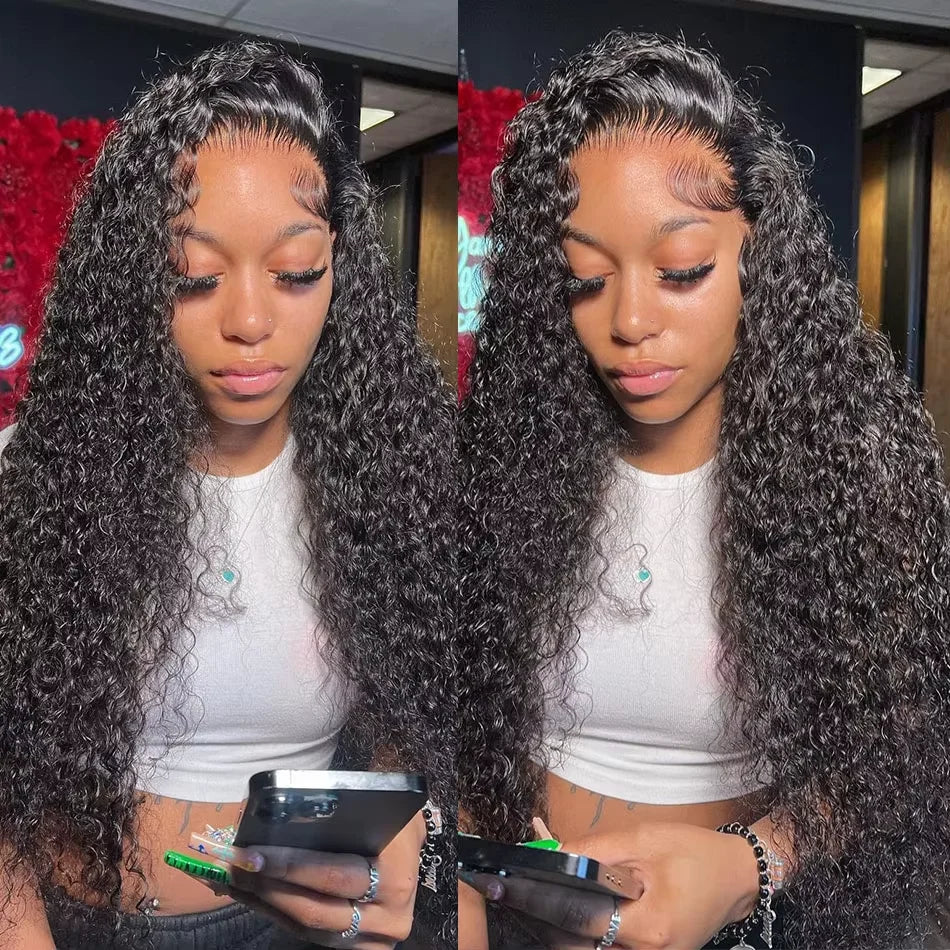 Curly human hair wig by Spacewallart featuring voluminous, natural black curls styled on a mannequin head.