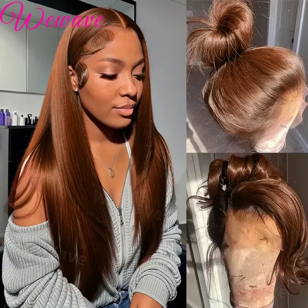 Chocolate brown bone straight human hair wig from Spacewallart, showcasing sleek, smooth hair with natural shine.