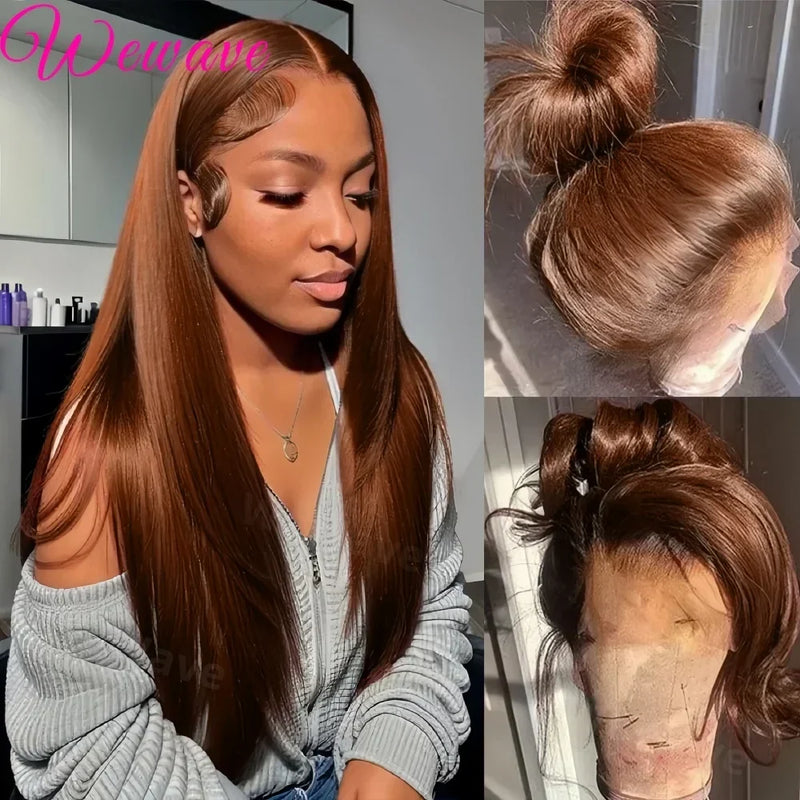 Chocolate brown bone straight human hair wig from Spacewallart, showcasing sleek, smooth hair with natural shine.