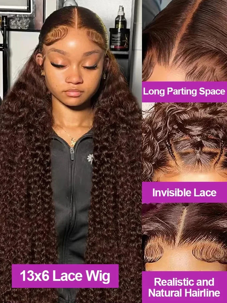 Chocolate brown deep wave lace front curly wig by Spacewallart, showcasing voluminous, textured curls and a natural hairline.