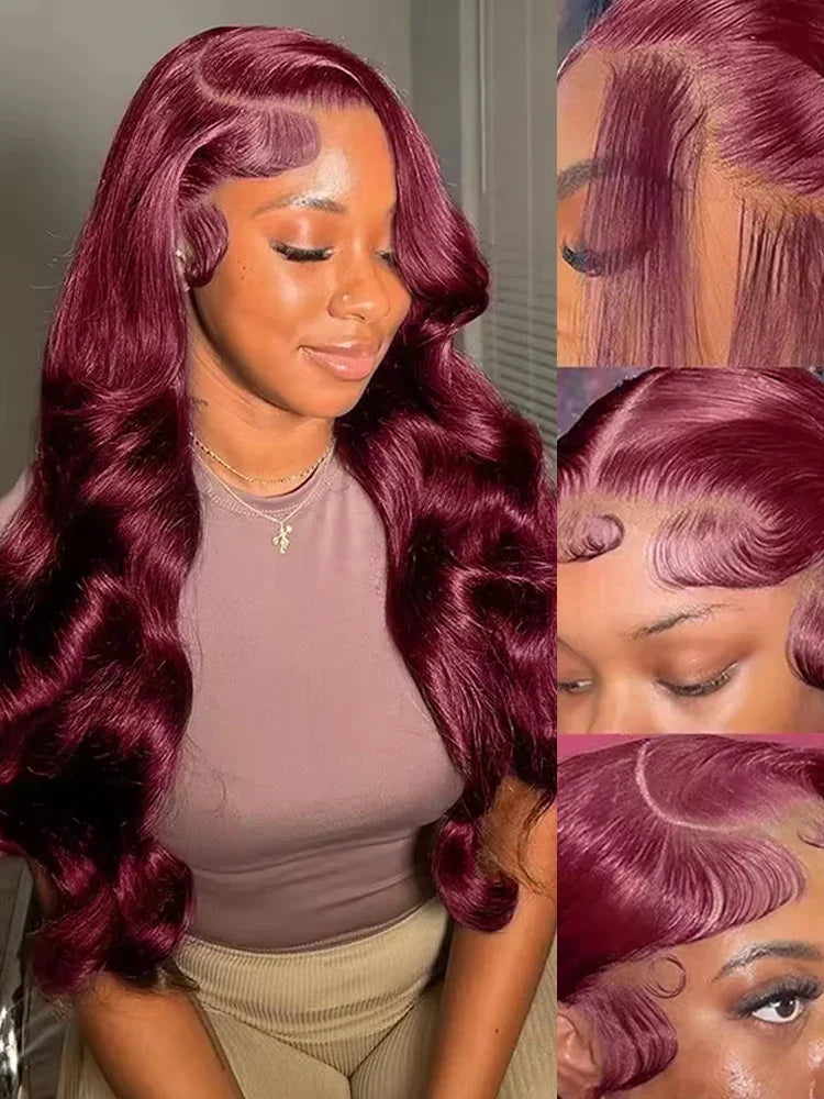 Body Wave Burgundy human hair wig by Spacewallart featuring a natural body wave style and vibrant burgundy color.