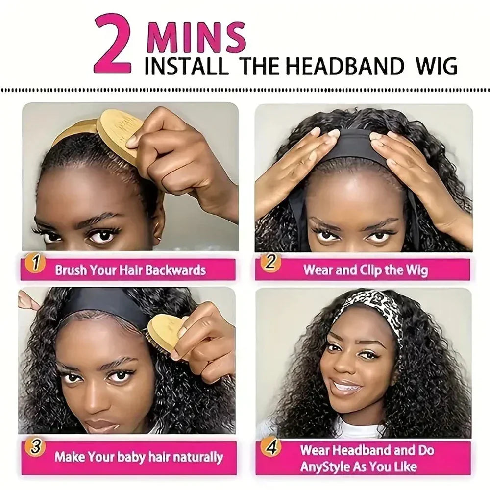 Water wave human hair headband wig by Spacewallart featuring natural water wave texture and comfortable headband style.