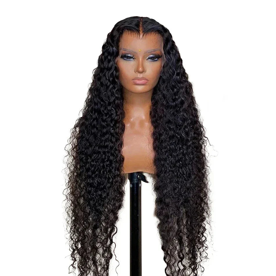 Deep wave human hair wig by Spacewallart featuring a glueless design and natural deep wave texture, shown on a mannequin head.