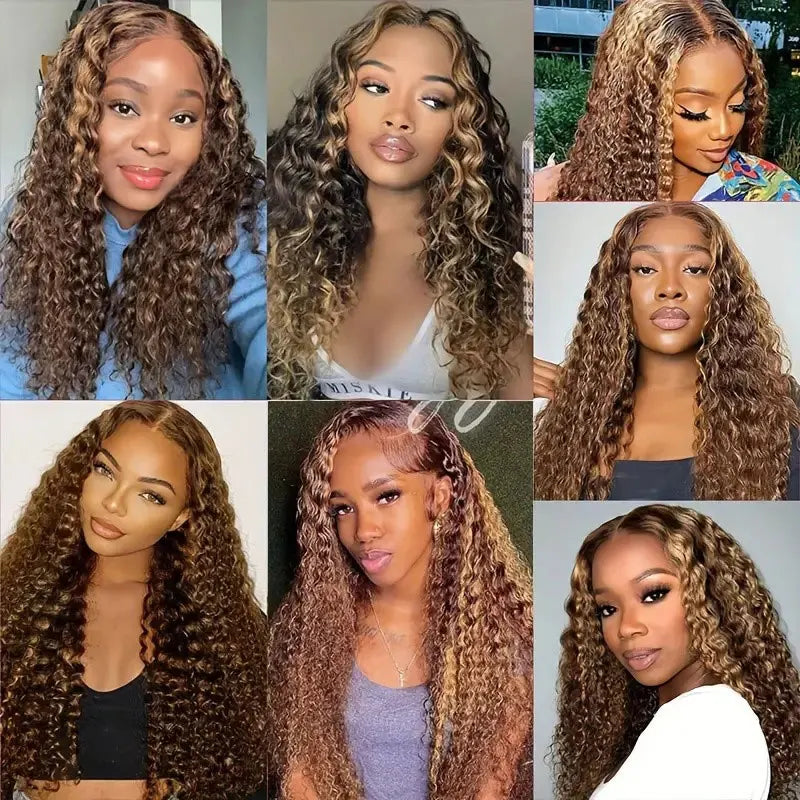 Honey blonde water wave lace front curly wig by Spacewallart, showcasing long, voluminous water wave curls and lace front design.