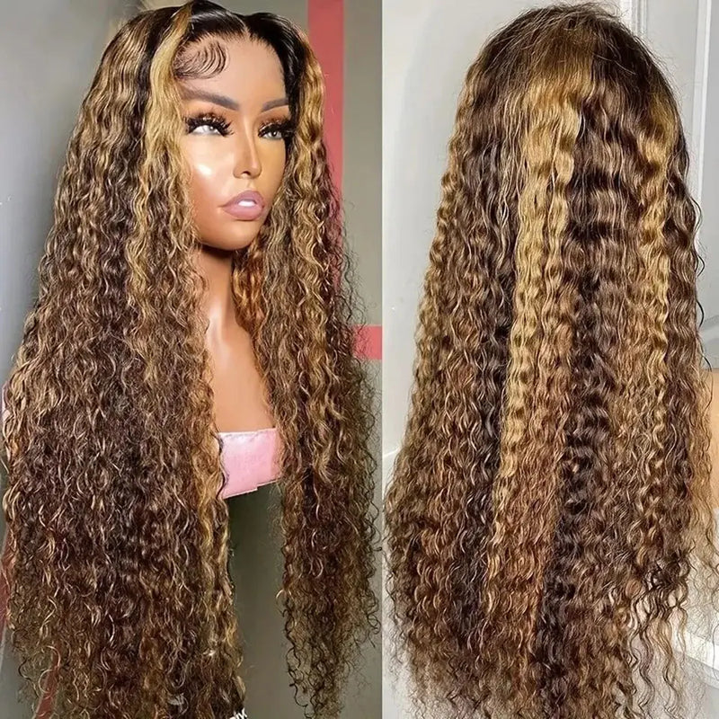 Honey blonde water wave lace front curly wig by Spacewallart with flowing, textured water wave curls and lace front for a natural look.