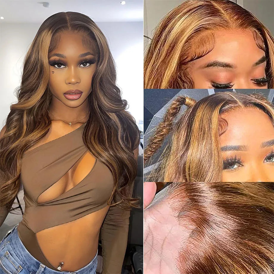 Body Wave Highlight Human Hair Wig by Spacewallart featuring natural waves and highlighted color for a stylish look.
