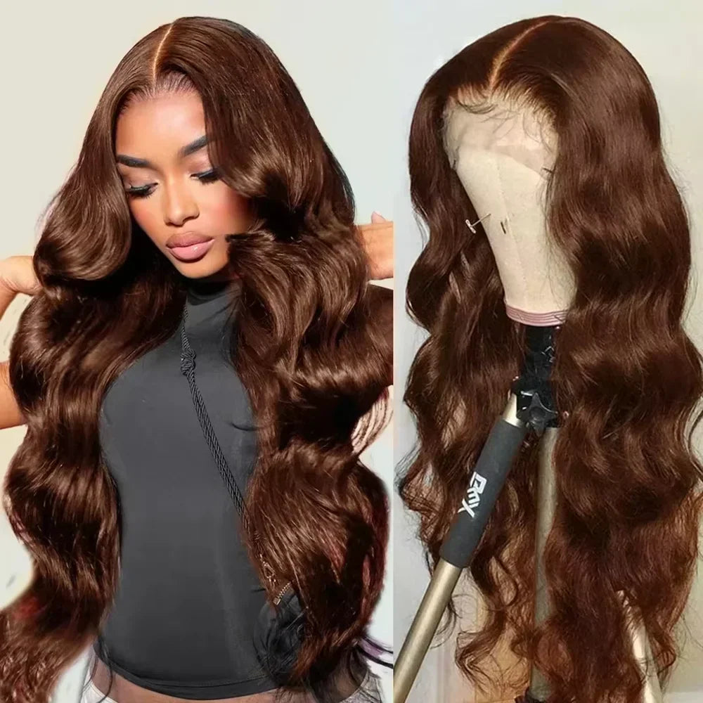 Chocolate brown HD lace front human hair wig by Spacewallart, showcasing smooth, natural-looking hair with a lace front for a seamless finish.