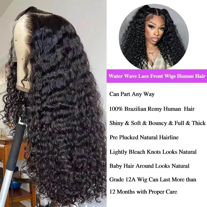 Water wave lace front human hair wig by Spacewallart featuring natural waves and a lace front for a seamless, stylish look.