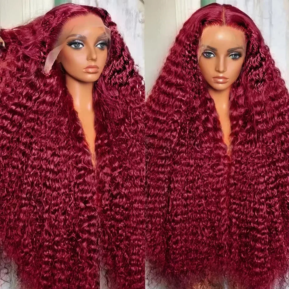 Burgundy curly frontal wig by Spacewallart, showcasing vibrant color and voluminous curly hair style on a mannequin head.