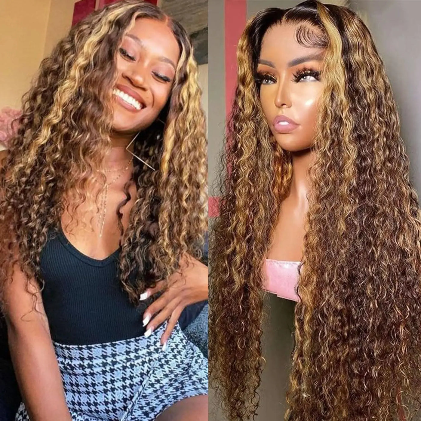 Highlight human hair colored curly wig by Spacewallart, featuring vibrant curls and natural texture for a bold, stylish look.
