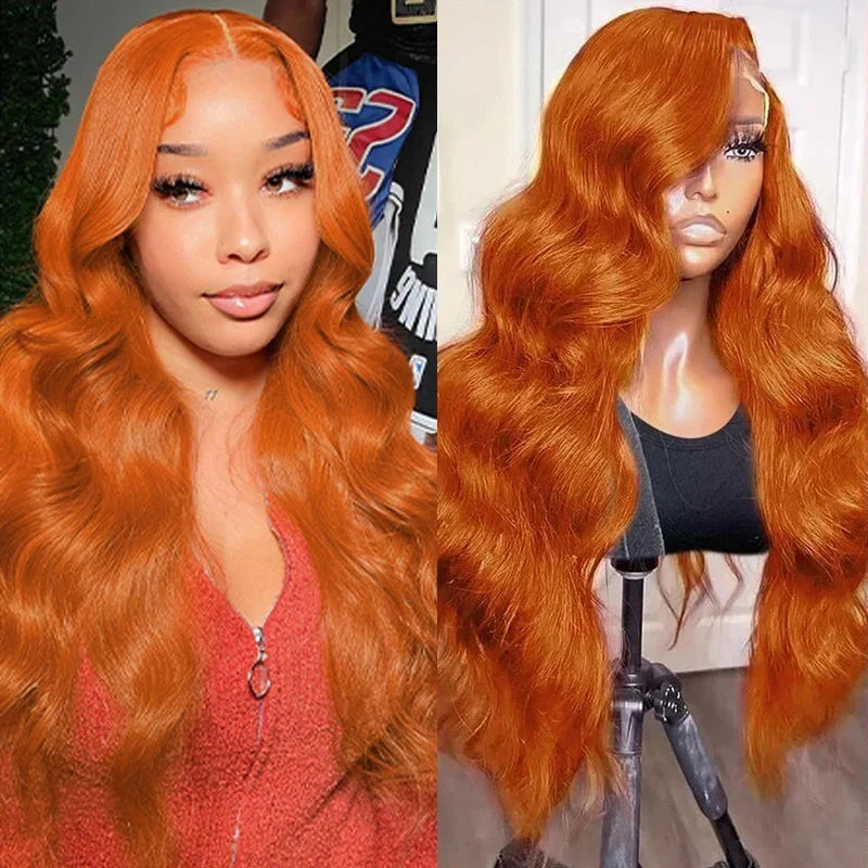 Ginger orange lace front human hair wig by Spacewallart, showing layered hair with natural waves and lace front design.