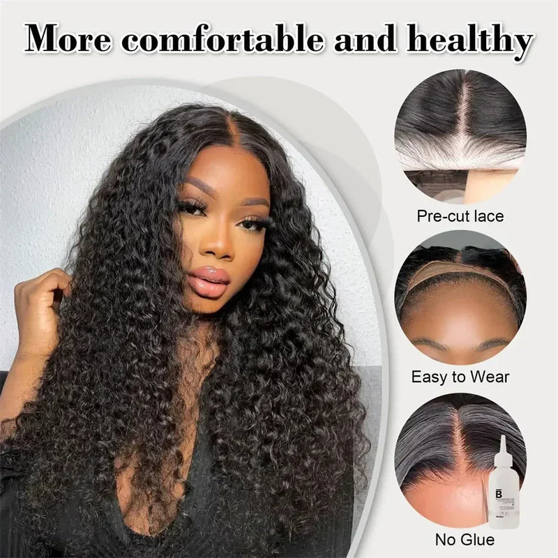 Spacewallart HD lace closure curly glueless wig showcasing natural curly hair and seamless lace closure for a realistic hair look.