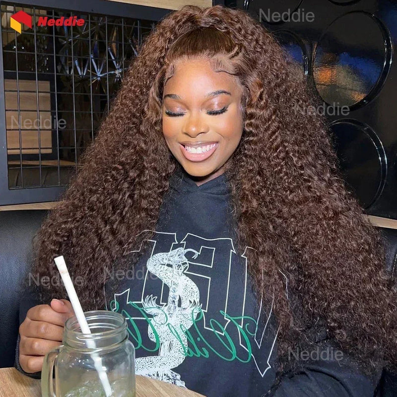 Chocolate brown curly lace front wig by Spacewallart, featuring voluminous curls and natural-looking lace front for a stylish hair look.