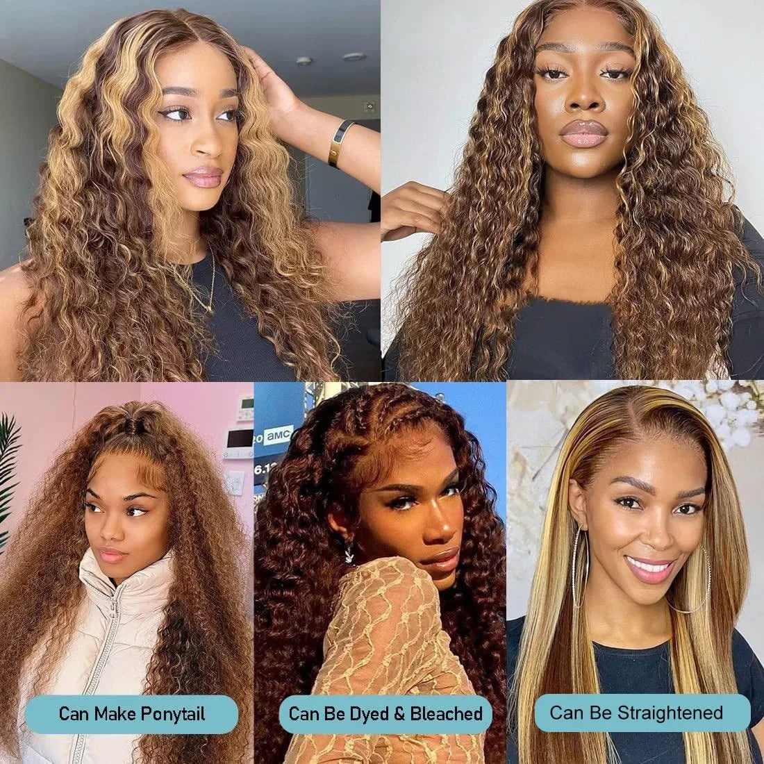 Honey blonde deep curly wig by Spacewallart with transparent lace, showcasing voluminous, natural-looking curly hair.