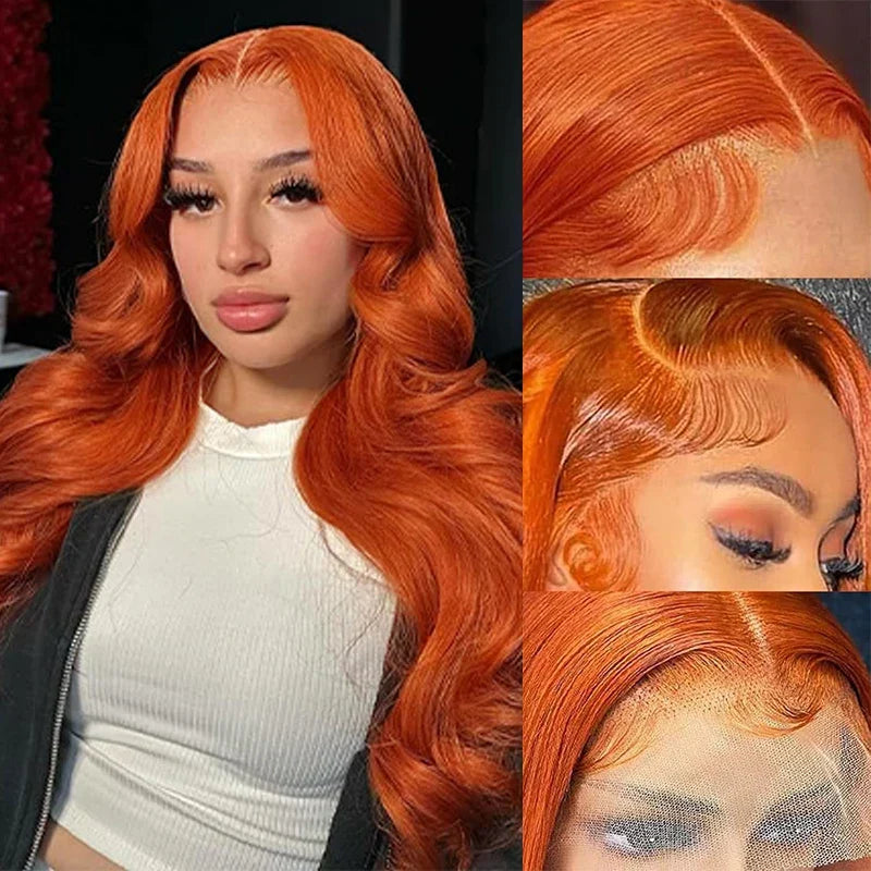 Ginger orange lace front human hair wig by Spacewallart, showcasing detailed lace front and vibrant color.