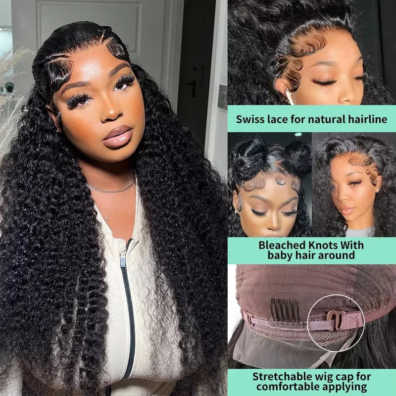 Transparent lace front human hair deep curly wig by Spacewallart, showcasing lush, deep curly texture and natural hairline.