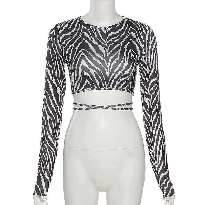 Striped print lace-up short top from Spacewallart featuring a stylish, fitted design and breathable fabric for casual wear.