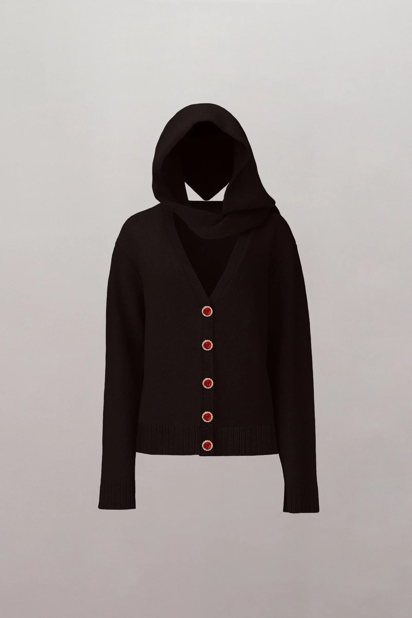 Nostalgia Hooded Cardigan by Spacewallart, cozy coffee-colored knit sweater with hood, front pockets, and casual fit.