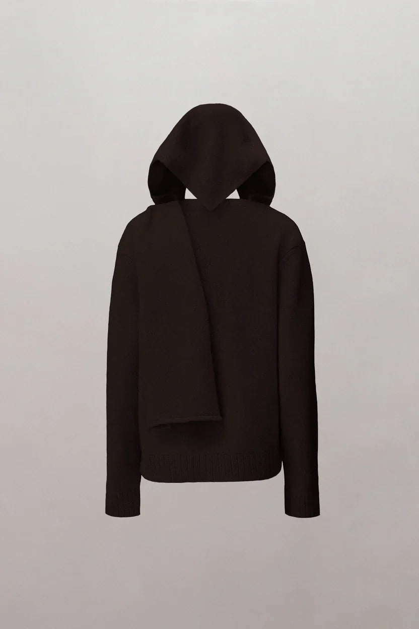 Nostalgia Hooded Cardigan by Spacewallart, cozy coffee-colored knit sweater with hood and front pockets, casual apparel for everyday wear.