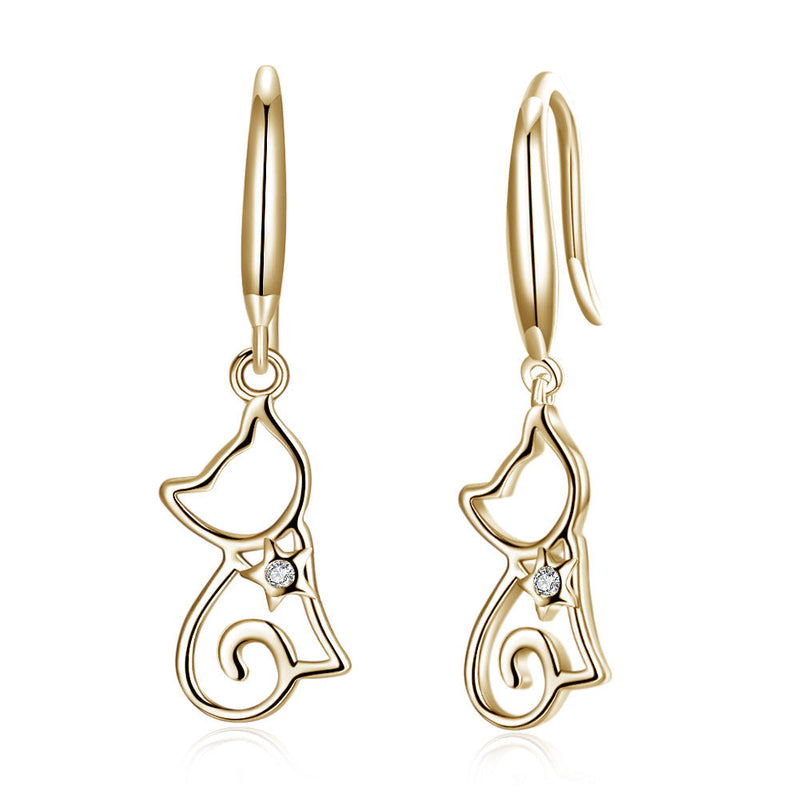 Sterling silver cat zircon earrings with intricate detailing, perfect for stylish accessories and animal-themed jewelry.