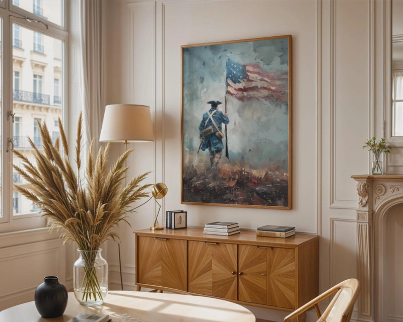Impressionist print of a Revolutionary War soldier with American flag, by SpaceWallArt, showcasing patriotic American history artwork.