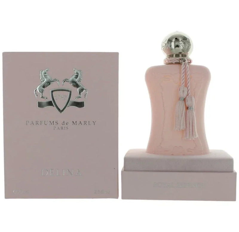 Parfums de Marly Delina Eau de Parfum spray for women, 75ml, featuring elegant bottle design and floral fragrance details.