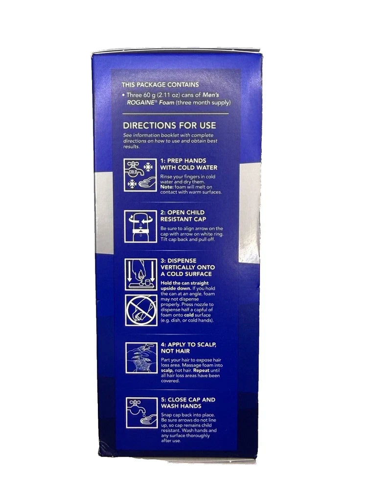 Men's Rogaine 5% Minoxidil foam in 3 x 60g containers, extra strength treatment for hair regrowth on a white background.