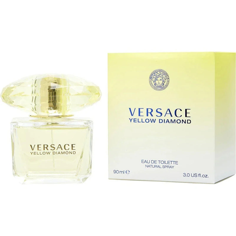 Versace Yellow Diamond Eau de Toilette for women, 3 oz, featuring a yellow bottle and elegant floral design.