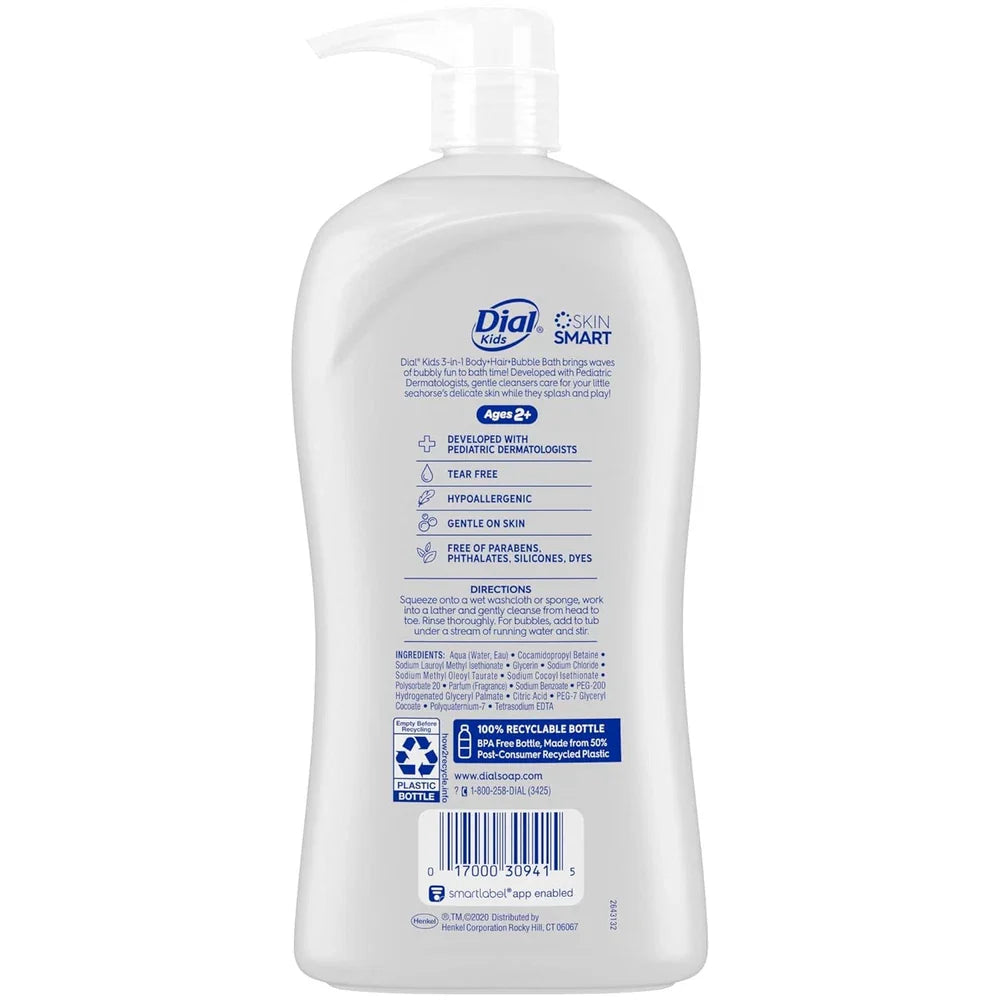 Spacewallart Dial Kids all-in-one tear-free hair, body wash and bubble bath in peach scent, 32 fl oz bottle, gentle for children