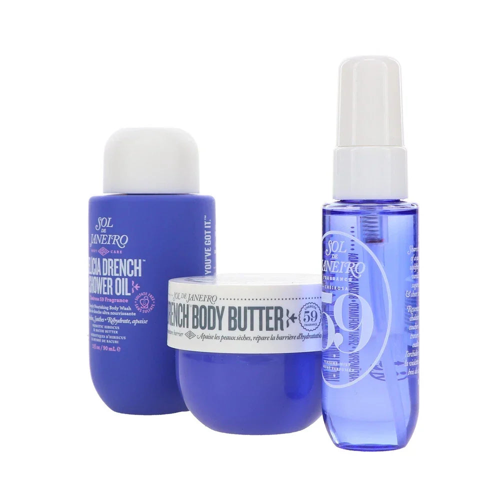 Travel size Sol de Janeiro Delicia Drench body care set featuring moisturizing creams and lotions in a compact collection.