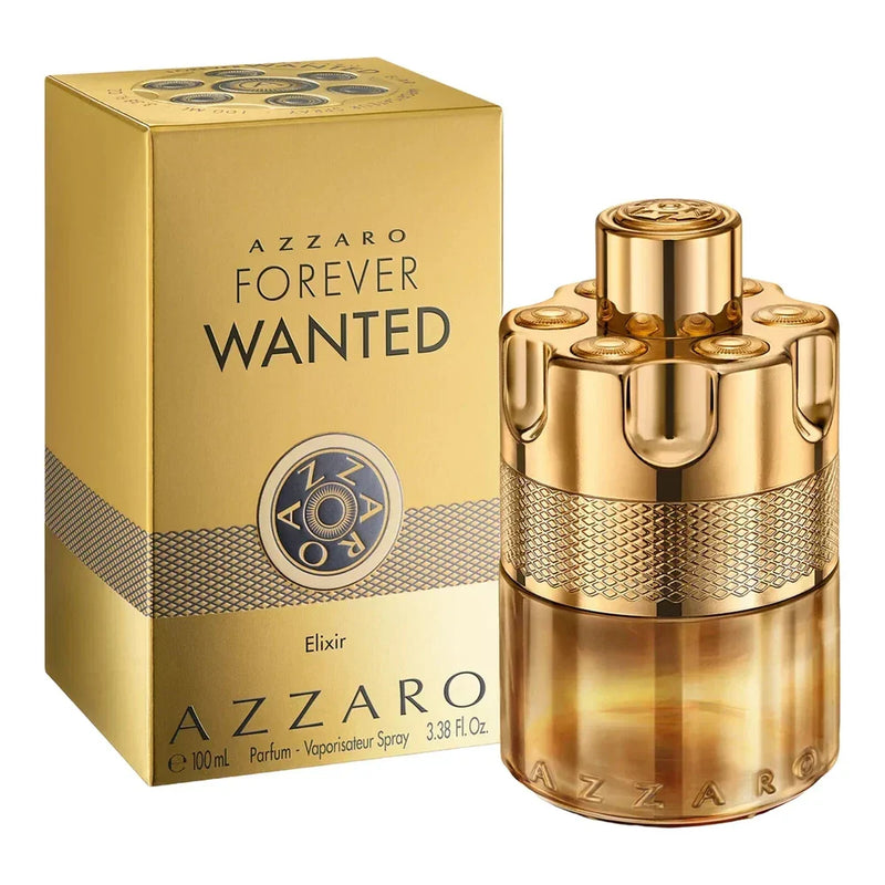 Azzaro Forever Wanted Elixir Eau de Parfum bottle for men, 3.4 oz, with sleek design and dark fragrance liquid visible inside.