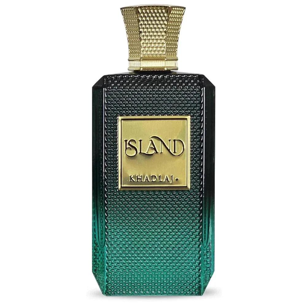 Khadlaj Island Extrait de Parfum spray for unisex, 3.4 oz, in a sleek glass bottle with a black cap, on a neutral background.