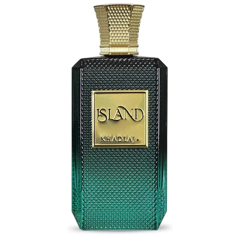 Khadlaj Island Extrait de Parfum spray for unisex, 3.4 oz, in a sleek glass bottle with a black cap, on a neutral background.