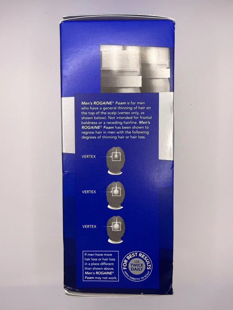 Men's Rogaine 5% Minoxidil Extra Strength Foam by Spacewallart, 3-month supply, 3 x 60g for hair thinning treatment.