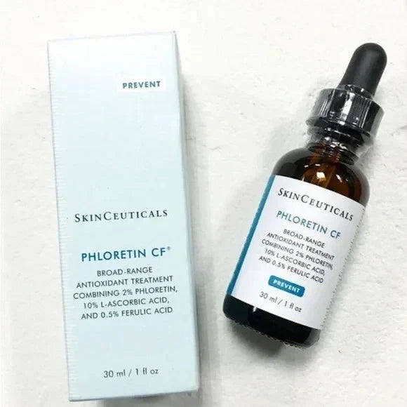 SkinCeuticals Phloretin CF Vitamin C antioxidant face serum in a sealed 1 fl oz bottle, shown with blue cap and clear glass container.